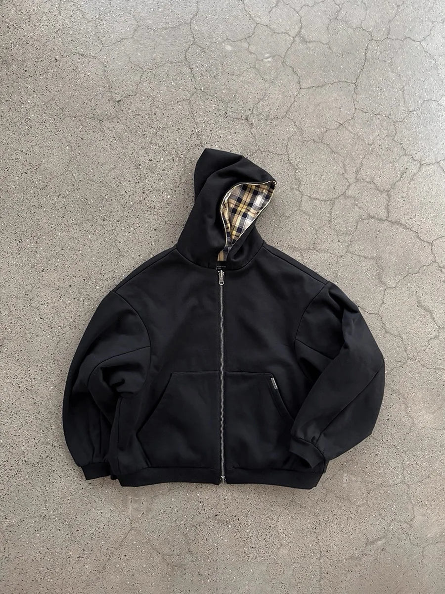 Casual Reversible Hoodies for Men Street Clothes Oversized Zip Up Hoodie Simple with Plaid Lining Solid Color Retro Sweatshirt