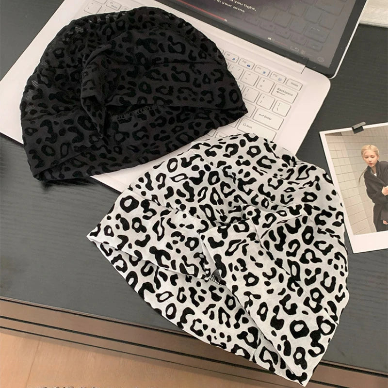 American Leopard Print Pullover Short Brim Stacking Hat Women's Spring and Summer Personality Big Head Thin Skull Beanie Cap
