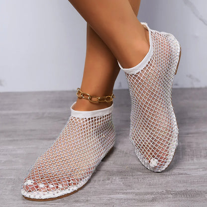 2024 Summer Women's New Round Toe Flat Bottom Sandals Hollow Short Boots Water Diamond Sexy Flat Bottom Fashion Banquet Slippers