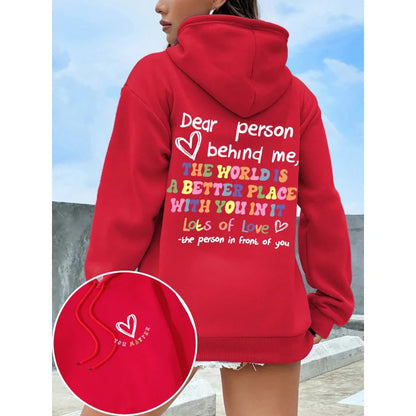Dear Person Behind Me Hoodie Women Colored Letters Warm Fleece Woman Hoody Fur-liner Spring Autumn Hoodies Y2K Casual Tops