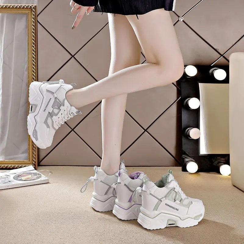 Trendy Interior Height Increasing Vulcanized Women's Shoes 2024 Autumn Style Simple Casual Sports High Heels Women's Dad Shoes