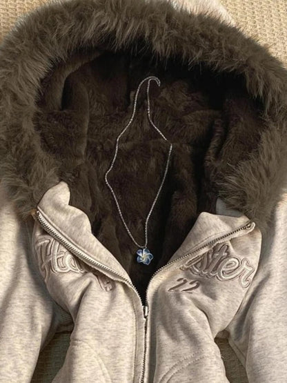 Y2k Aesthetic Vintage Fur Patchwork Hoodies Autumn Grunge Letter Embroidery Hoody Streetwear Cropped Zipper Sweatshirt Jackets