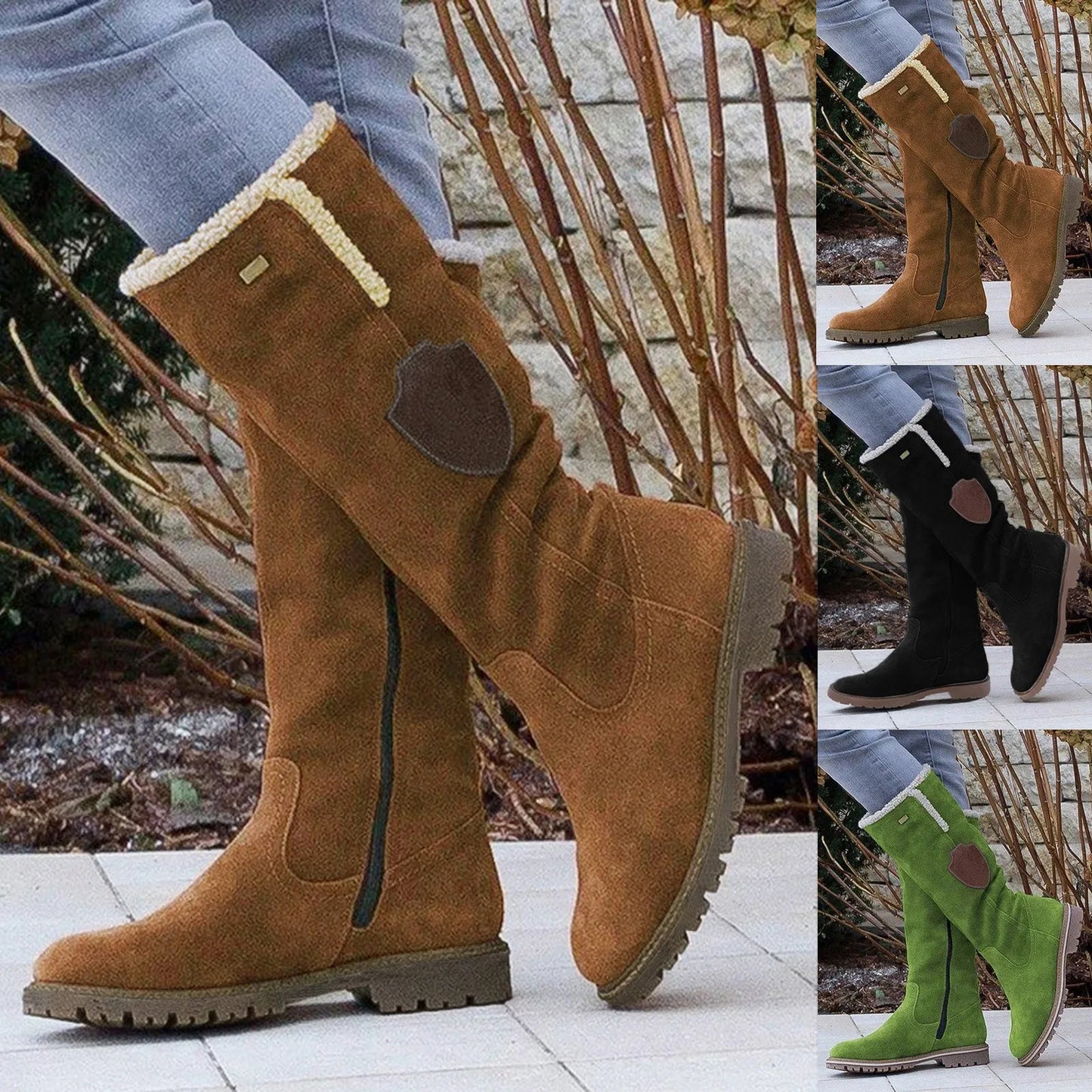 Fashion Half Boots Women Solid Color Large Size Slope Autumn Winter Suede Side Zipper Shoes Round Head Comfort Casual Boots