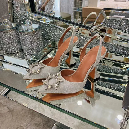 2026 Spring Autumn EU US Satin Slingback Women Sandals Pointed Flared Heels Sun Rhinestone Crystal Wedding Party Dress Heels
