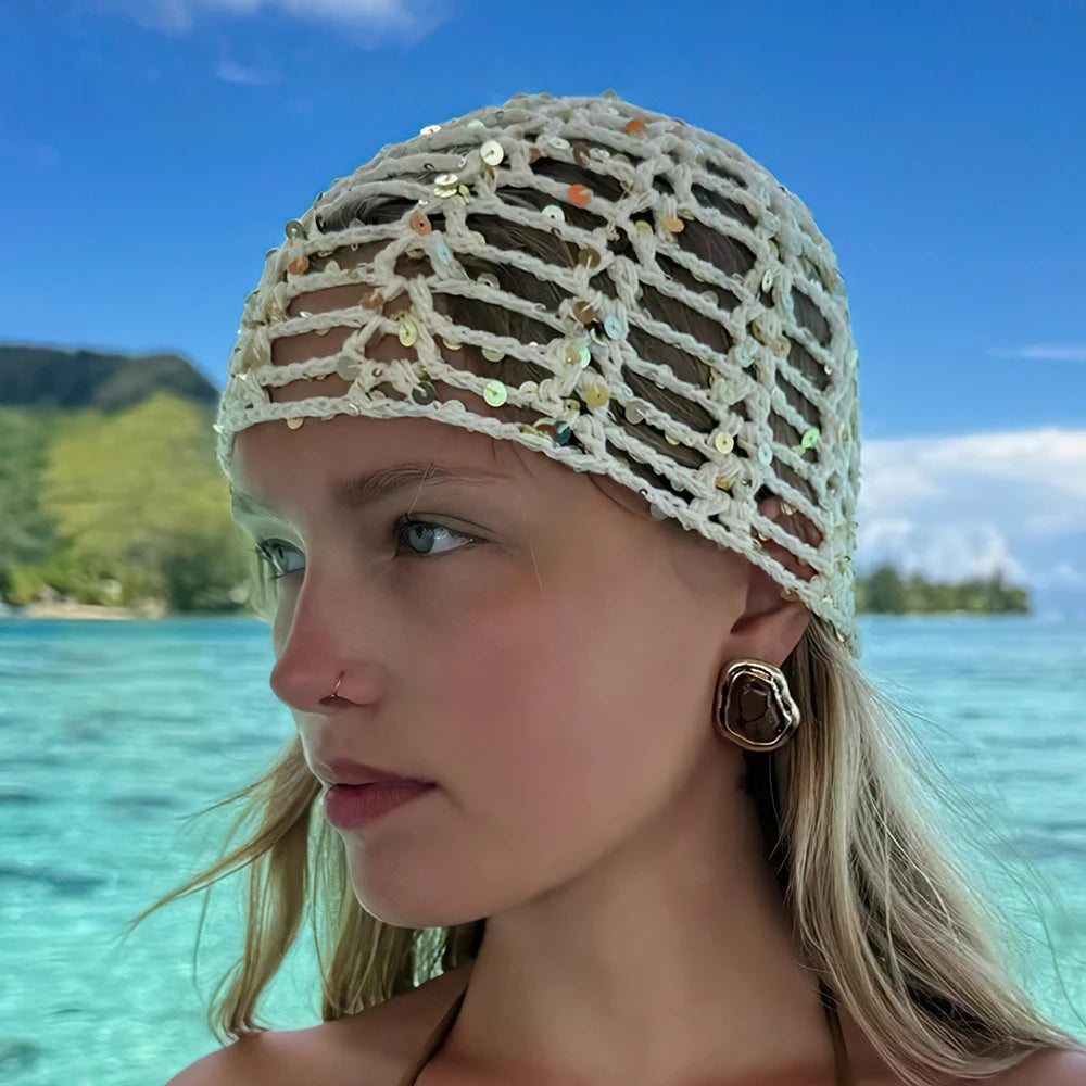 2026 New Korean Version Y2K Sequined Hollow Pullover Hat Women Summer Fishnet Knitted Hood Shiny Beanie Seaside Crochet Hat