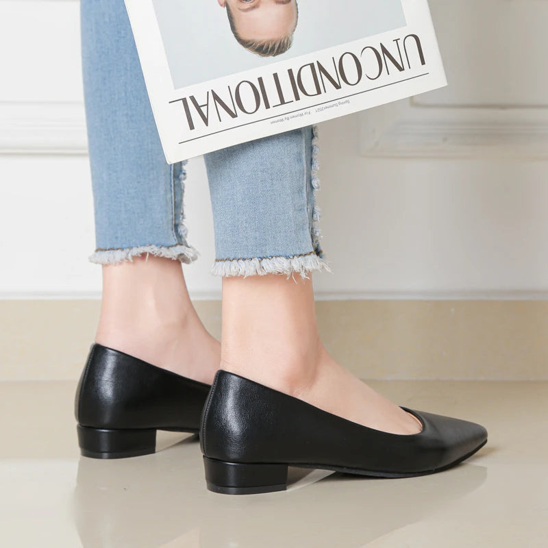 New Pointed Toe Shallow Mouth Square Heel Small Leather Shoes Women's Elegant Fashion High Heels Dress Shoes Zapatos Mujer