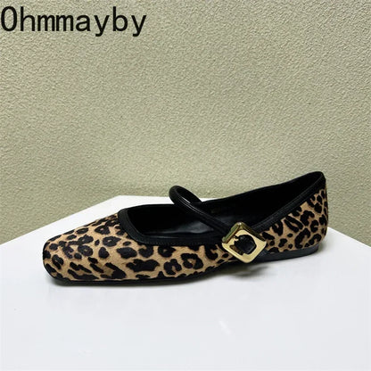 Designer Spring Autumn Women Leopard Shoes Fashion Shallow Buckle Ladies Flats Shoes Square Toe Women's Mary Jane Shoes