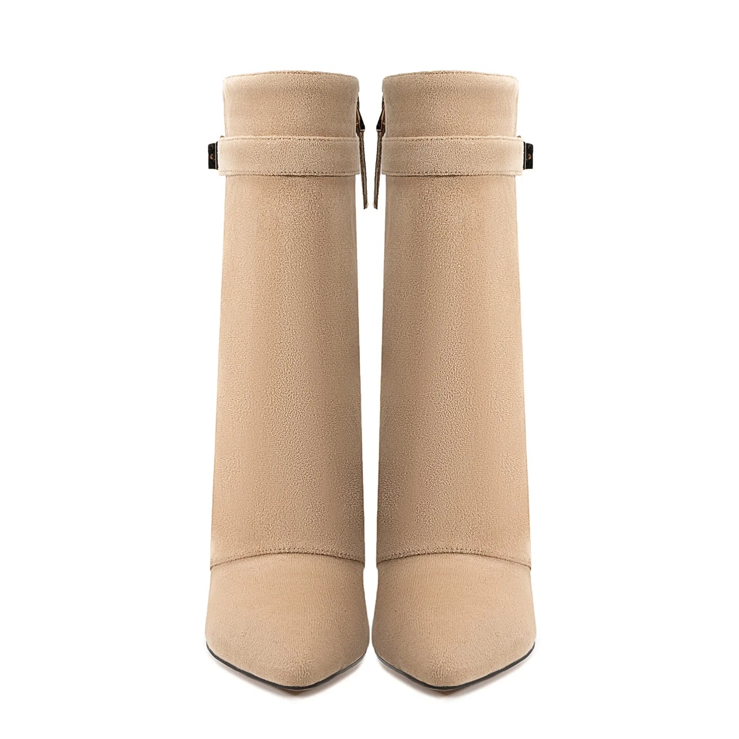 Autumn Winter New Pointed Metal Buckle Knee High Women's Boots, Thick High-heeled Pants Boots, Fashionable Mid Leg Boots