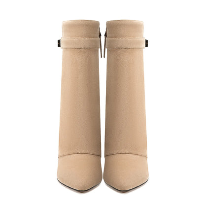 Autumn Winter New Pointed Metal Buckle Knee High Women's Boots, Thick High-heeled Pants Boots, Fashionable Mid Leg Boots