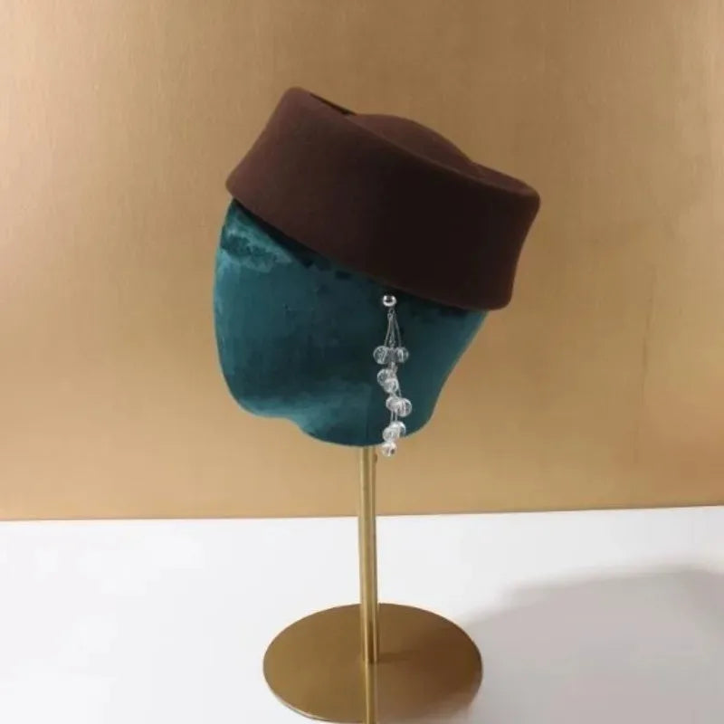 Women Wool Felt Berets Hat Vintage Hard Top Concave Top Fedoras Hats Wedding Fascinator Hats Wedding Cocktail Party Pillbox Cap
