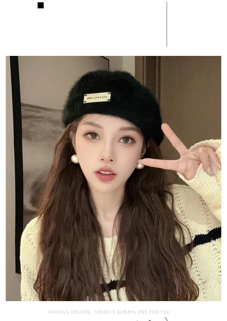 Women Reversible Rabbit Fur Beret Winter Warm Double Sided Knit Hat Retro Painter Cap for Oval Round Face