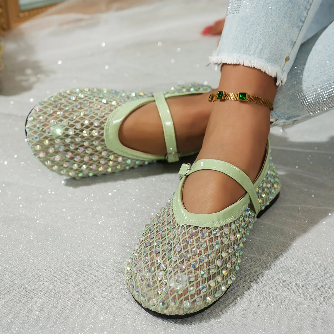Women's Mary Jane Flats 2026 Spring Autumn Fashionable Women's Shoes Breathable Mesh Rhinestone Decorated Large Size Mesh Shoes