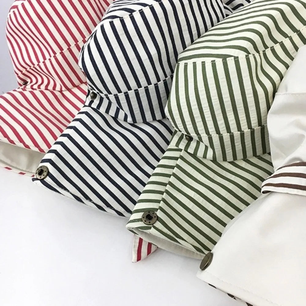 Retro Wide Brim Reversible Bucket Hat UV Protection Breathable Striped Sun Hat Windproof Foldable Fishmen Hat Vacation