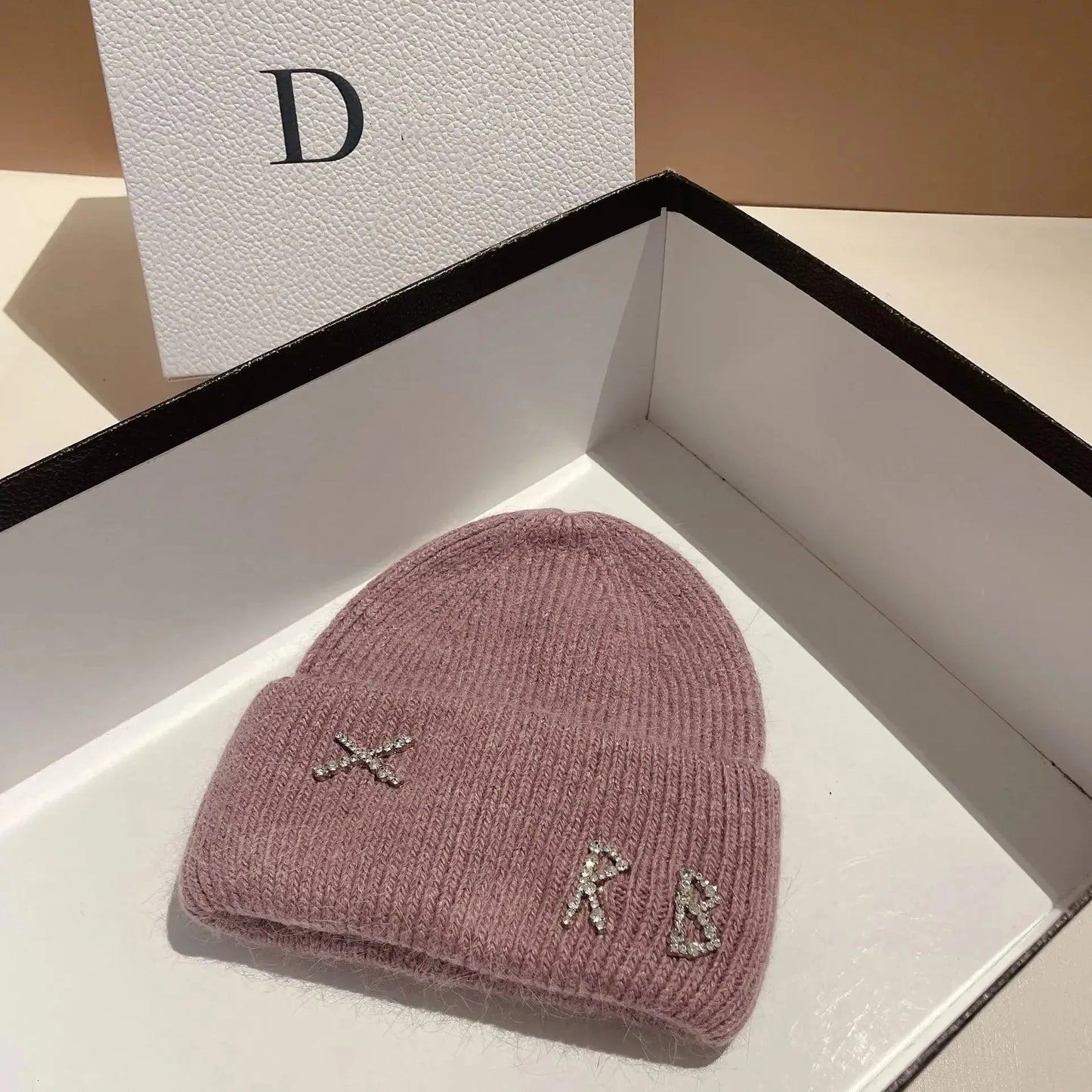 New Real fashion rabbit hair diamond letter hat Women's Winter warm knit hat Designer women's casual hat ski hat