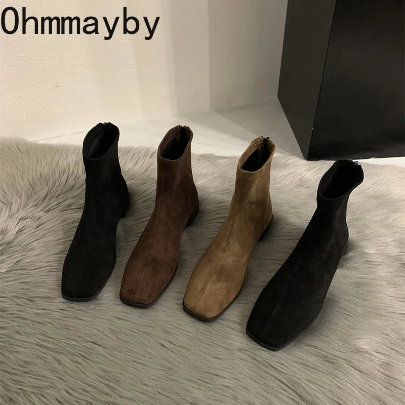 2026 Spring Autumn Women Modern Ankle Boots Fashion Square Toe Short Booties Ladies Casual Low Heel Shoes