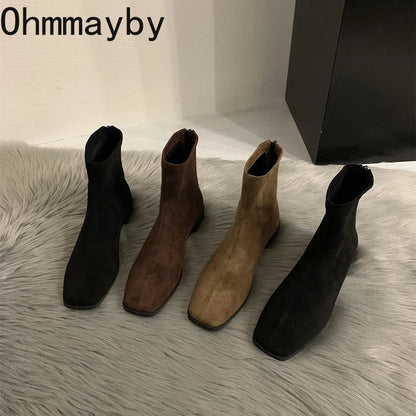 2026 Spring Autumn Women Modern Ankle Boots Fashion Square Toe Short Booties Ladies Casual Low Heel Shoes