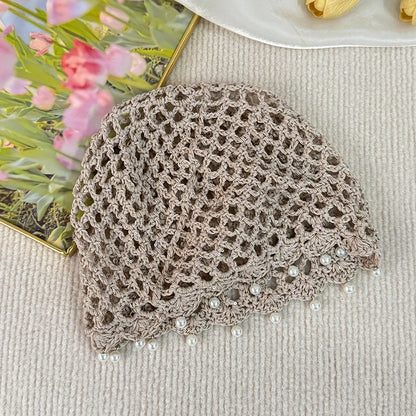 Fashion Hollowed Out Woven Pullover Hats Crochet Breathable Beret Cap Pearl Fringed Retro Beanies Cap for Women Summer Korean