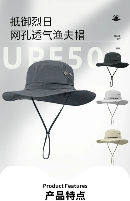 Wide Brim Waterproof Big Size 63-67cm Bucket Hats Men Summer UV Protection Sun Hat Foldable Chin Strap Hiking Cap Fishing Hat