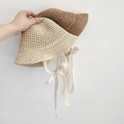 Fashion Lace Baby Hat Summer Straw Bow Baby Girl Cap Beach Children Panama Hat Princess Baby Hats and Caps for Kids 1PC