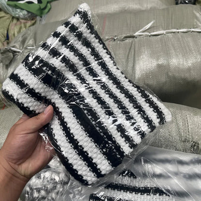 New Japanese Streetwear Harajuku Beanie Little Devil Striped Knitted Hat Women Girls Autumn Winter Cute Cat Ears Cap
