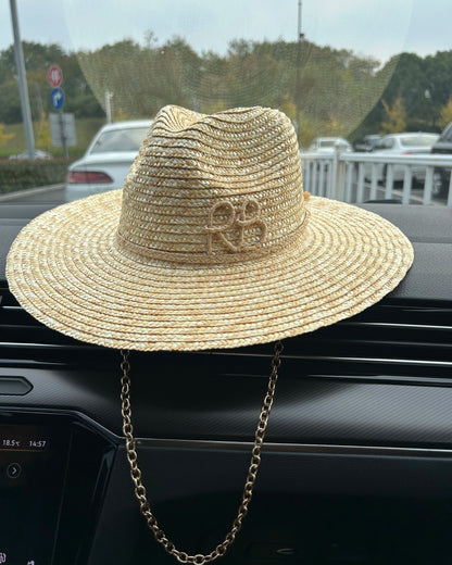2025 New European American Fashion Design Natural Straw Hat Female Handmade Letter Sun Hat Metal Chain Sunshade Designer Hat