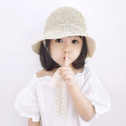 Fashion Lace Baby Hat Summer Straw Bow Baby Girl Cap Beach Children Panama Hat Princess Baby Hats and Caps for Kids 1PC