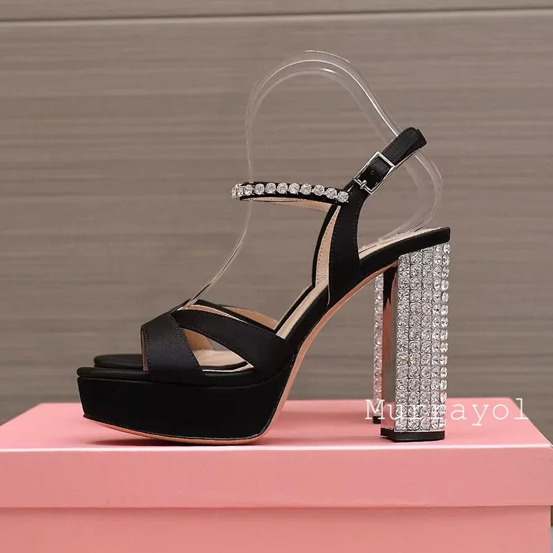 Women Open Toe Rhinestone High Heels Sandals Satin Waterproof Platform Sandalias Summer Party Dress Shoes Pumps Wedding Shoes
