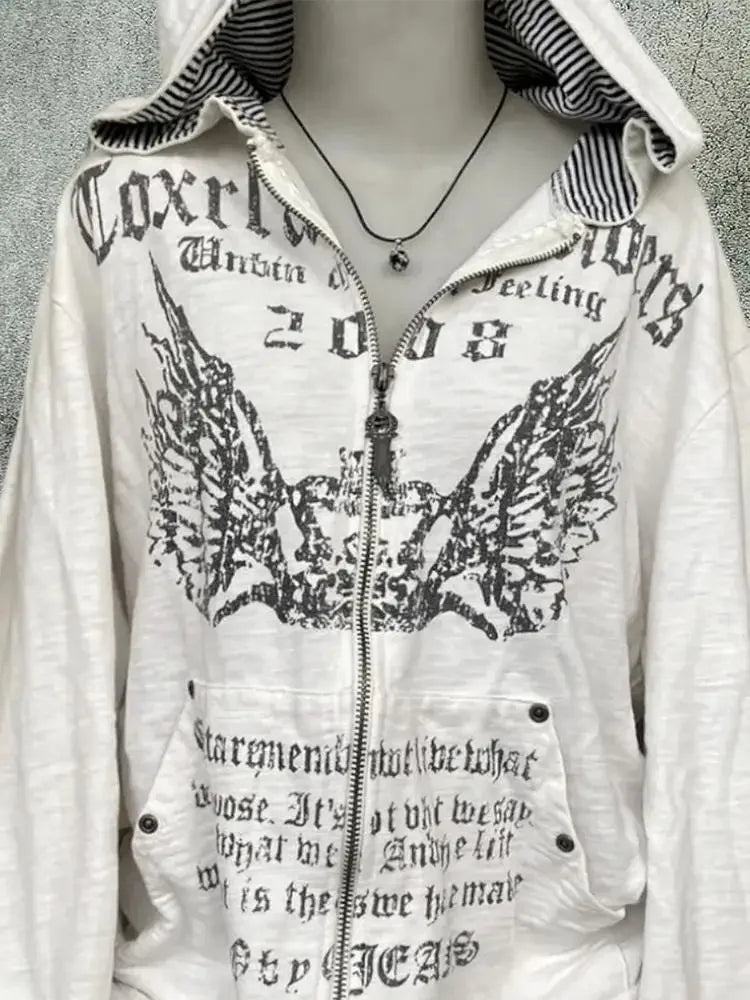 Gohic Vintage Sweatshirts Women's Jackets White Print Tunic Hooded Y2k Coat Streetwear Fashion Casual Hoodies Tops Ropa Mujer