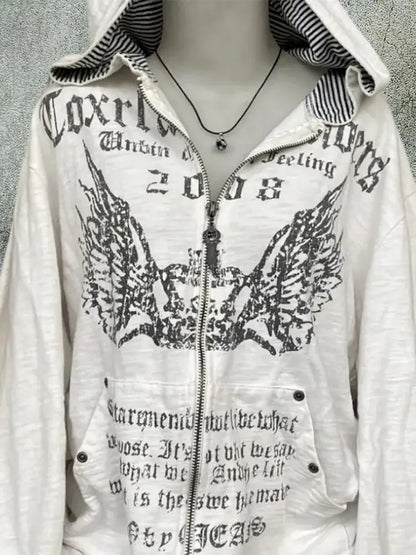 Gohic Vintage Sweatshirts Women's Jackets White Print Tunic Hooded Y2k Coat Streetwear Fashion Casual Hoodies Tops Ropa Mujer