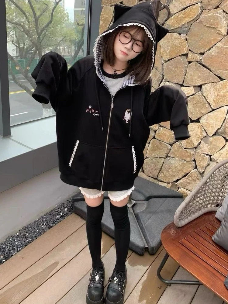 Y2k Kawaii Japanese Cartoon Long Sleeve Zipper Hooded Sweatshirts Subculture Loose Casual Hoodies Women Tops 2000s Vintage Chic
