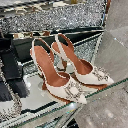 2026 Spring Autumn EU US Satin Slingback Women Sandals Pointed Flared Heels Sun Rhinestone Crystal Wedding Party Dress Heels