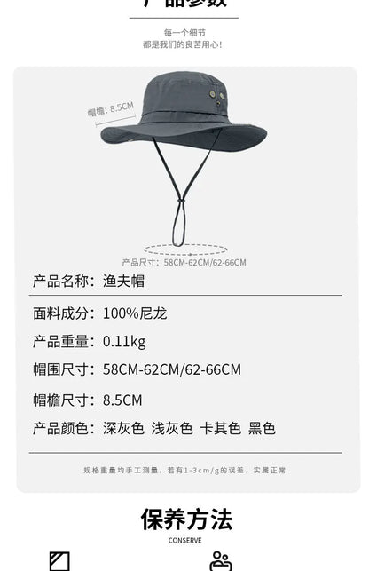 Wide Brim Waterproof Big Size 63-67cm Bucket Hats Men Summer UV Protection Sun Hat Foldable Chin Strap Hiking Cap Fishing Hat