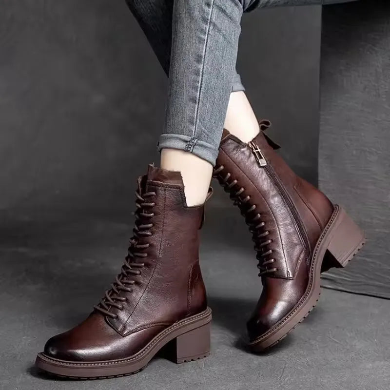GKTINOO 2026 Cow Leather Quality Women Shoes Autumn Winter Square Med Heel Ankle Boots Lace Up Zipper Ladies Pumps Size 35-40