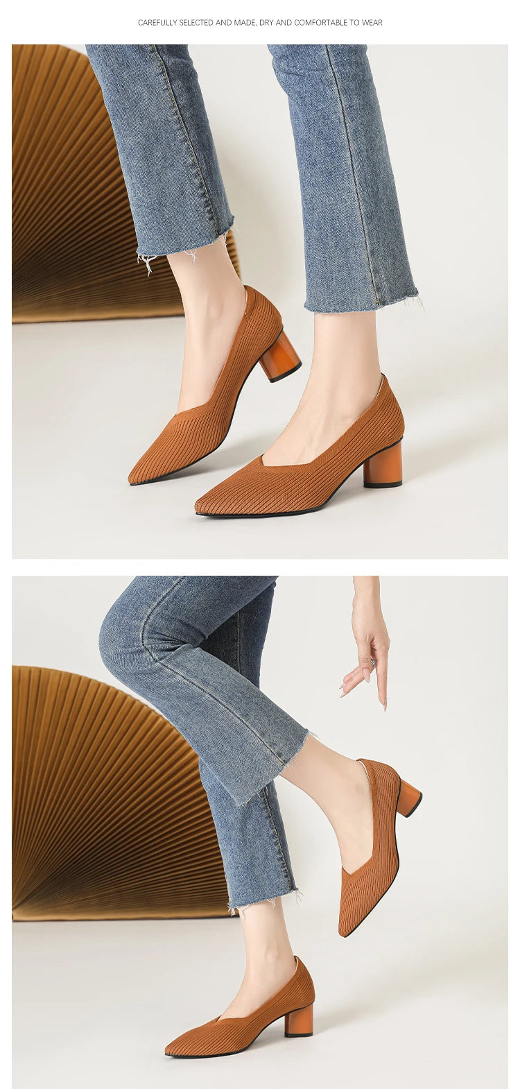 Women's high heels, pointed knit breathable and comfortable shoes (5cm high), new for autumn 2024