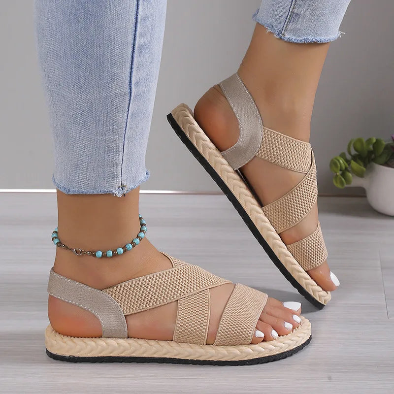 Fashion Women's Trend Anti-Slip Wear Comfortable Matching Color Sole Pure Black Shoelace Flat Sandals