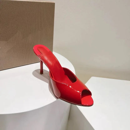 2026 New Black Fish Mouth Ultra High Women's Shoes, Sexy High Heels, Wearing Straight Pointed Lacquer Leather Open Toed Slippers