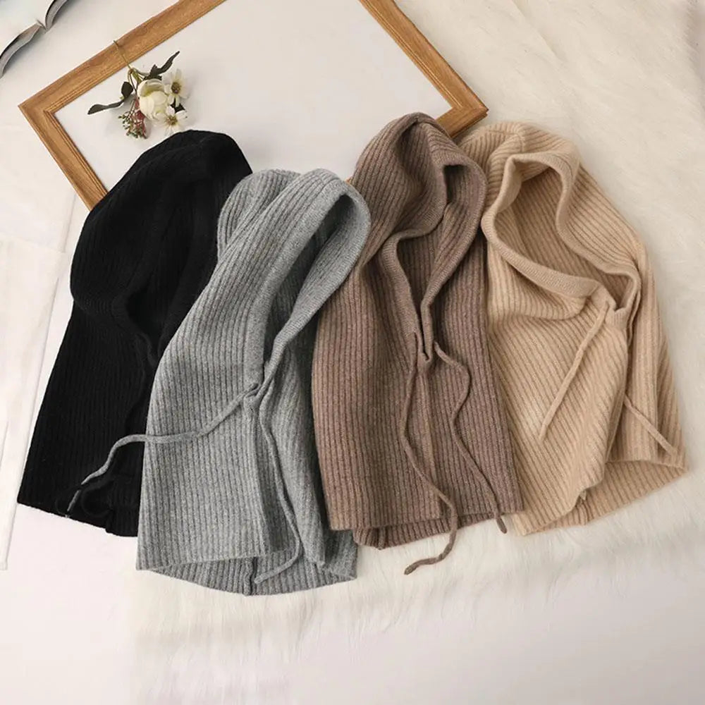 Knitted Soft Women Balaclava Hat Fashion Fake Collar Hooded Hat Neck Collar Warmer Beanies Cap Ear Protection Bonnet Hooded Caps