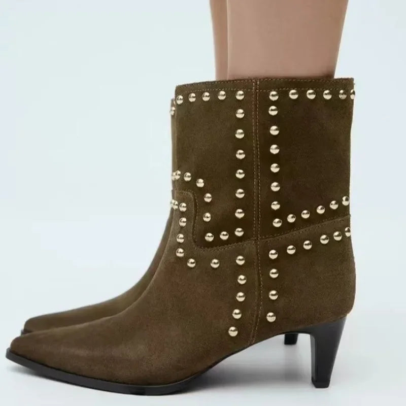 Spring/Autumn 2025 New Retro Women's Shoes Brown Studded Suede Thin Heel Pointed Toe Booties Knight Boots