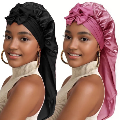 2Pcs Solid Color Bowknot Braid Bonnet Classic Long Satin Bonnets Soft Women Sleeping Night Cap Breathable Hair Bonnets