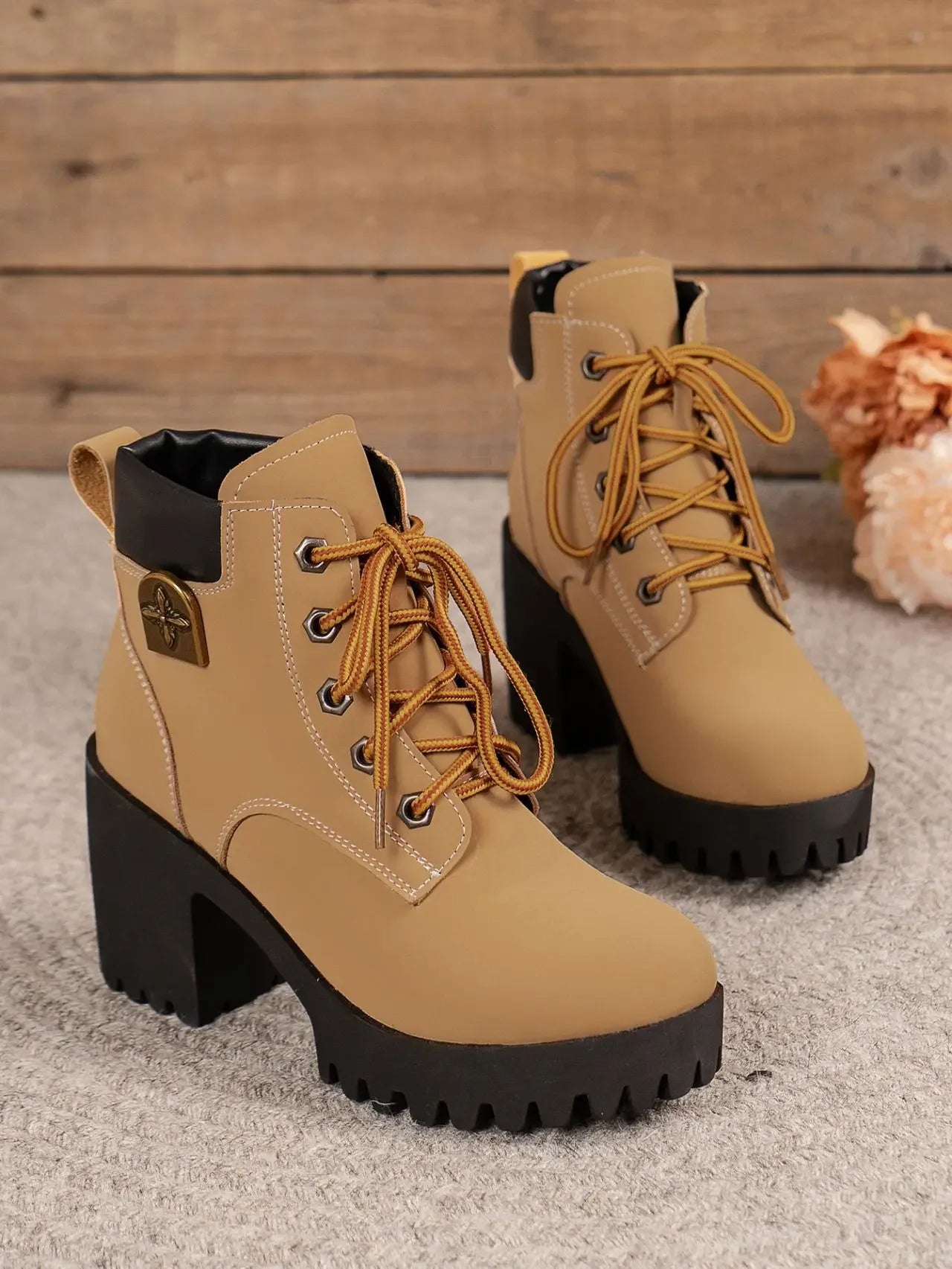 Women Retro Round Toe Chunky Heels Ankle Boots Autumn New High Heels Shoes Woman Lace Up Platform Fur Short Booties Big Size 42