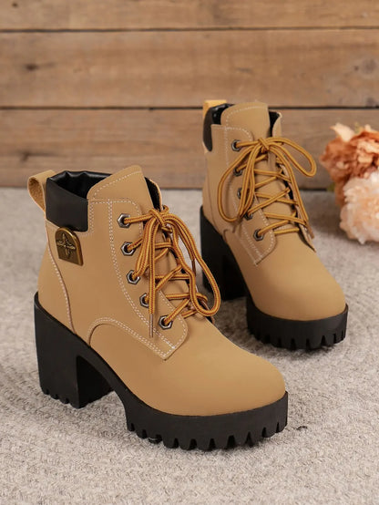 Women Retro Round Toe Chunky Heels Ankle Boots Autumn New High Heels Shoes Woman Lace Up Platform Fur Short Booties Big Size 42