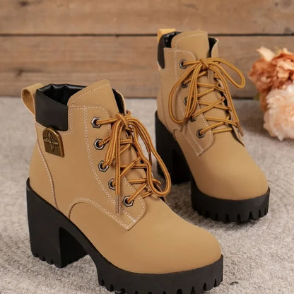 Women Retro Round Toe Chunky Heels Ankle Boots Autumn New High Heels Shoes Woman Lace Up Platform Fur Short Booties Big Size 42