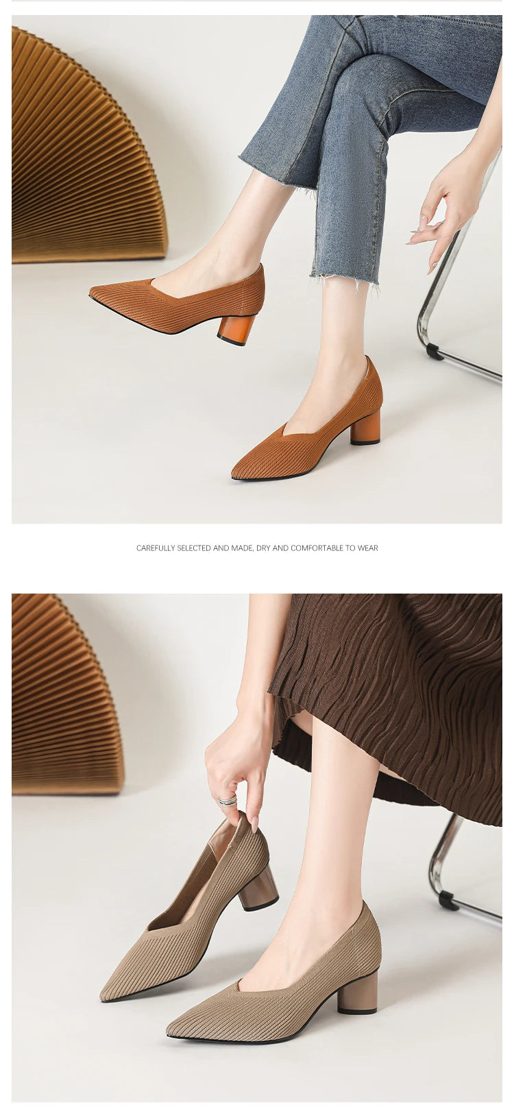 Women's high heels, pointed knit breathable and comfortable shoes (5cm high), new for autumn 2024