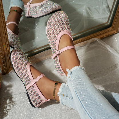 Women's Mary Jane Flats 2026 Spring Autumn Fashionable Women's Shoes Breathable Mesh Rhinestone Decorated Large Size Mesh Shoes