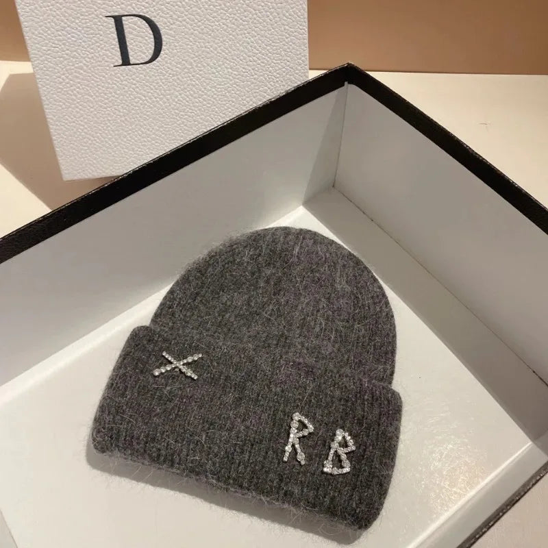 New Real fashion rabbit hair diamond letter hat Women's Winter warm knit hat Designer women's casual hat ski hat