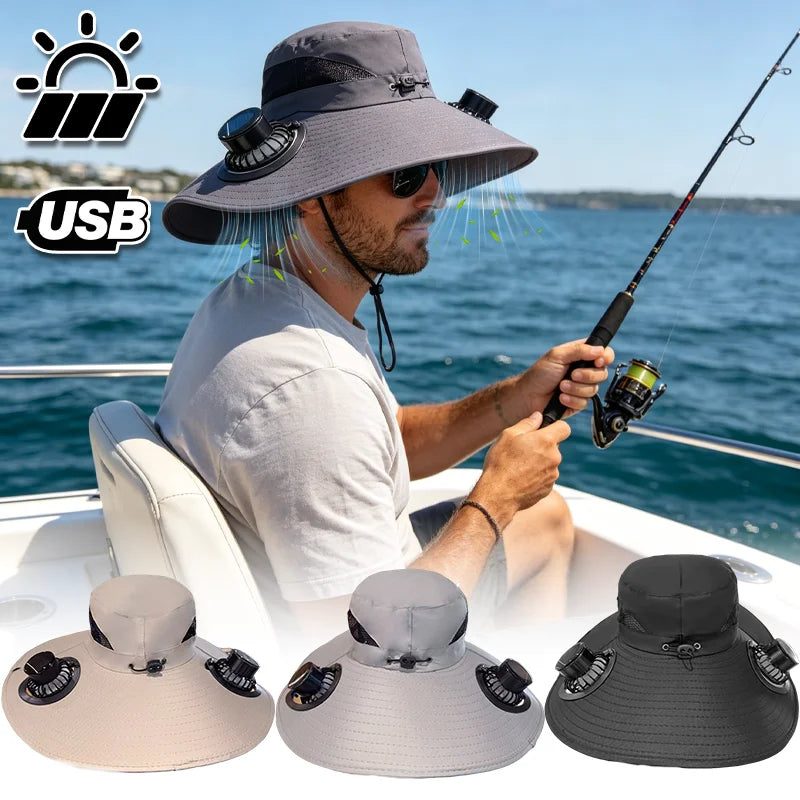 Solar Powered Fishing Hat With USB Charging Fan Adjustable Breathable Cap for Hiking Camping Outdoor Sports Father Day Gift