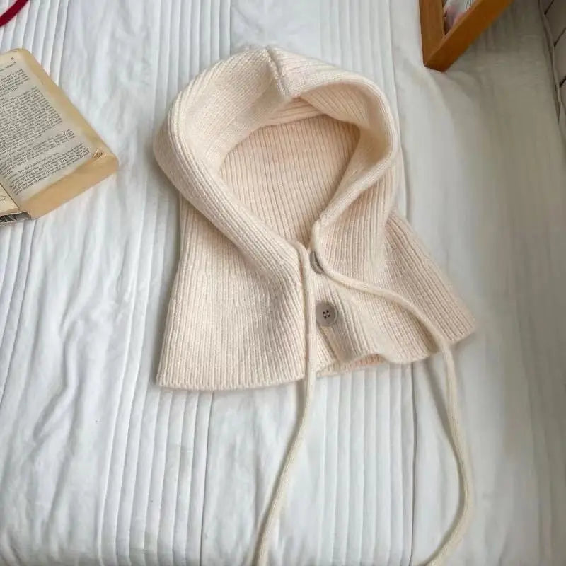 Knitted Hooded Caps Winter Balaclava Hats Women Korean Style Outdoor Warmer Drawstring Hats One-piece Neck Collar Beanies Cap