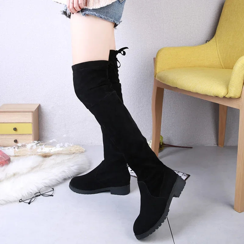 2025 Faux Suede Female Heels Autumn Winter Elastic Knee-high Boots for Women Tube Lace-up Thigh Boots Black Botas