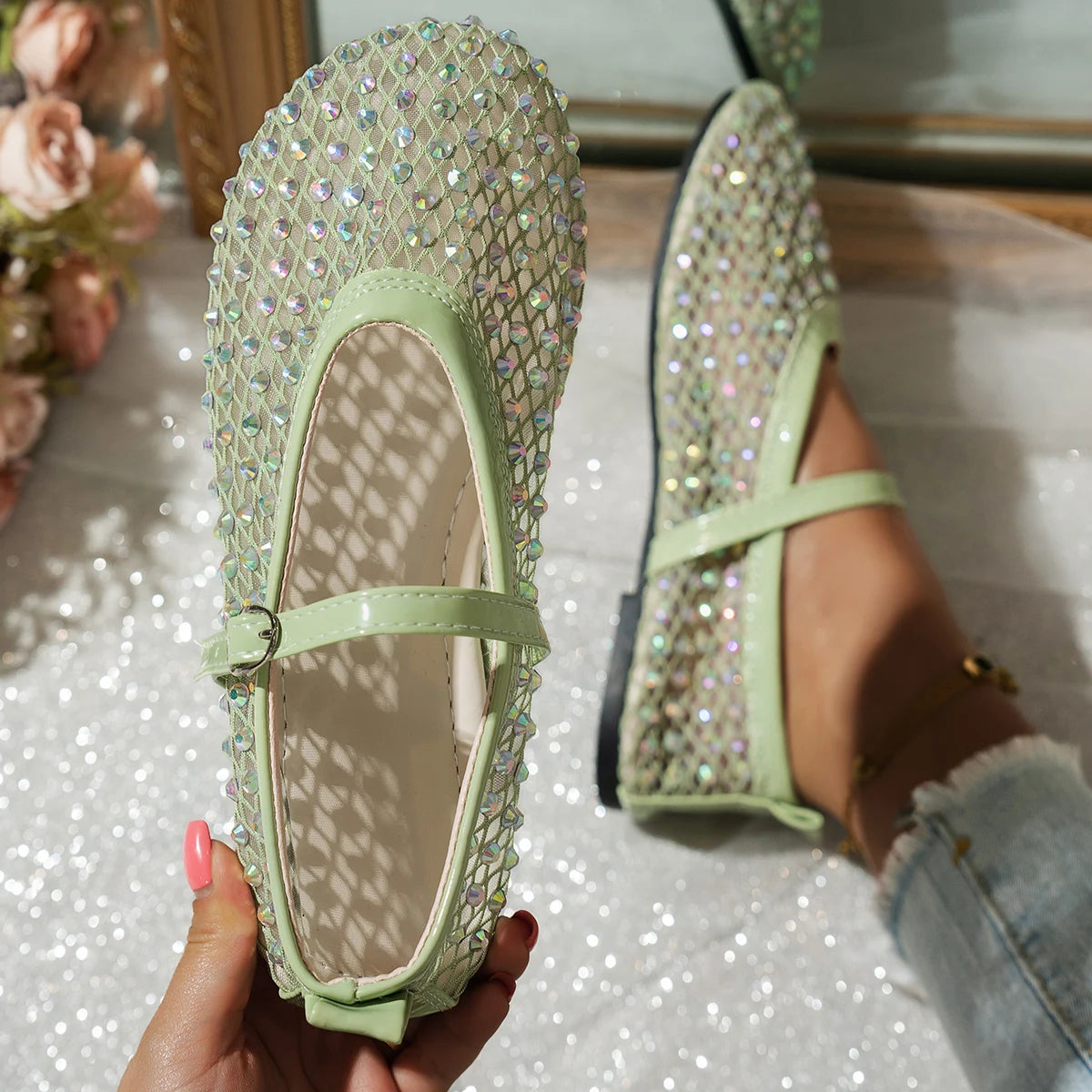 Women's Mary Jane Flats 2026 Spring Autumn Fashionable Women's Shoes Breathable Mesh Rhinestone Decorated Large Size Mesh Shoes