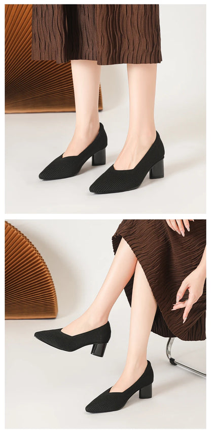 Women's high heels, pointed knit breathable and comfortable shoes (5cm high), new for autumn 2024
